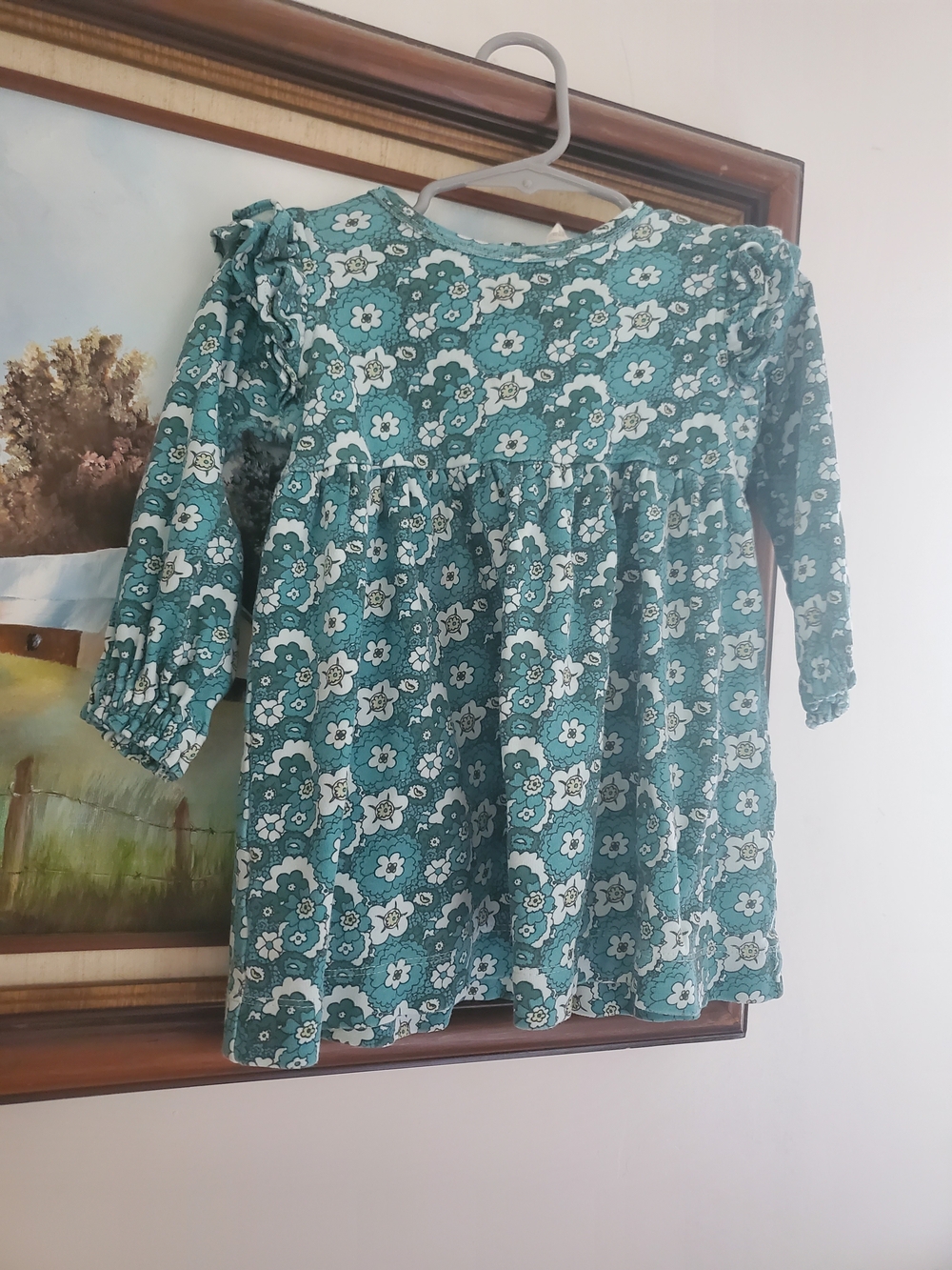 kate quinn 18- 24 Month Teal Floral Long-Sleeve Dress with Ruffle Shoulders
